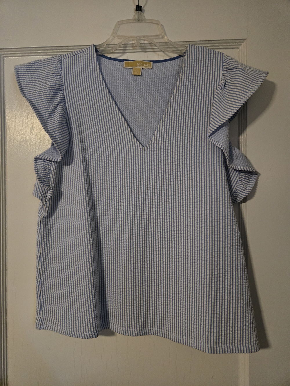 Michael Kors Blue & White Striped V-Neck Ruffle Sleeve Top